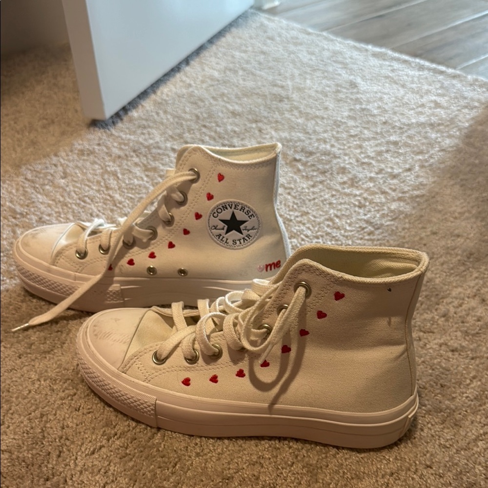 Converse White High-Top Sneakers with Red Hearts